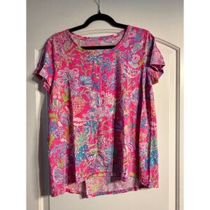 Lilly Pulitzer T-Shirt Women Medium Pink Shell Print High-Low Cotton